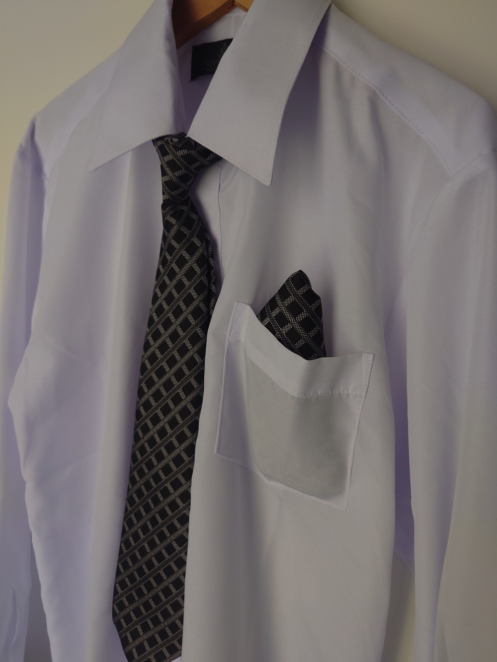 Boy's Dress Shirt with Pocket Square & Clip-on Tie